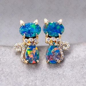 Kitten Cat Australian Doublet Opal Diamond Stud Earrings 18K Yellow Gold - Picture 1 of 5