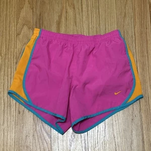 NIKE DRI FIT Girls Size Large Pink With Orange Side Panel Built-in Lined Bottom - Picture 1 of 5