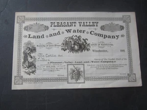 1880's - PLEASANT VALLEY Land and Water - Stock Certificate - Winchester CA. - Picture 1 of 1