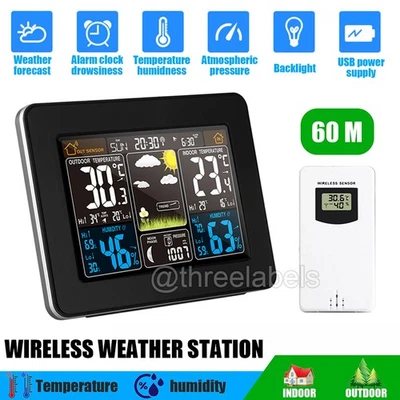 Digital LCD Indoor & Outdoor Weather Station Clock Calendar Thermometer Wireless - Image 1 of 4