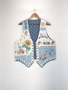 Vintage Handmade Vest Blue White Sunflower Design Button L/XL - Picture 1 of 4
