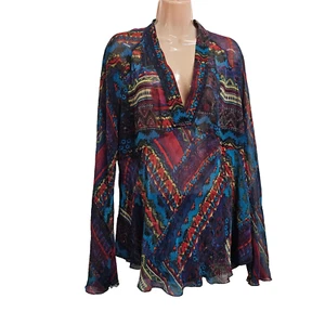 Chico's V Neck 100% Silk Top Blouse Women Size 2 Multicolor Chiffon - Picture 1 of 12