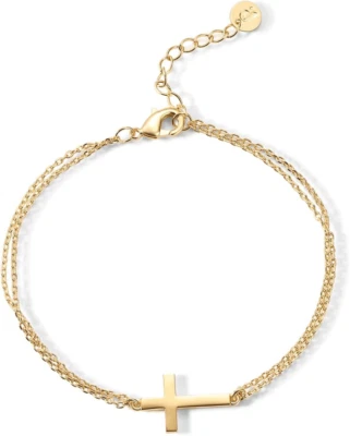 14K Gold Plated Sideways Cross Bracelet, Cubic Zirconia Religious Jewelry Gift - Image 1 of 4