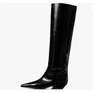 miss left Women Closed Square Toe Knee High Boot Wide Calf Low Chunky Heel Black - Picture 1 of 8