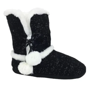 CHINESE LAUNDRY SZ SM 5/6 BLACK & WHITE POM POM PLUSH & KNIT SLIPPER BOOTS NWT - Picture 1 of 2