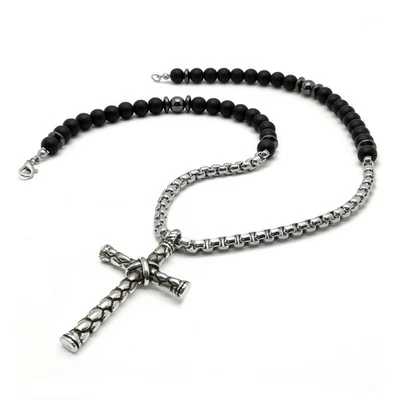 Collana uomo nera pietra onice acciaio inox catenina croce ciondolo idea regalo - Immagine 1 di 3