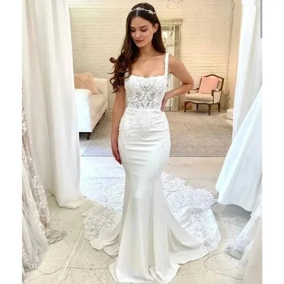 Elegant Mermaid Wedding Dress Spaghetti Straps Satin Lace Appliques Bridal Gown - Image 1 of 4