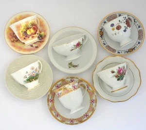 Mismatched China Tea Cups and Saucers Multicolor Floral Fruit Gold Trim Set of 6 - Picture 1 of 15