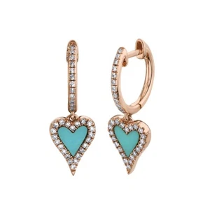 14K Rose Gold Heart Turquoise Diamond Drop Earrings 0.57TCW Love Dangle Womens - Picture 1 of 4