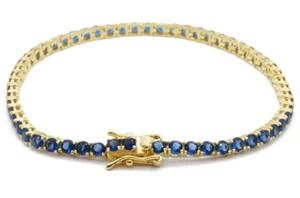 Bracciale Tennis Uomo Donna Argento 925 Placcato Oro Zirconi Pietre Blu 3mm - Picture 1 of 2
