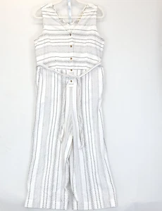 Style & Co Crop Pant Jumpsuit Belted Sleeveless Women PM White Striped Pockets - Picture 1 of 13
