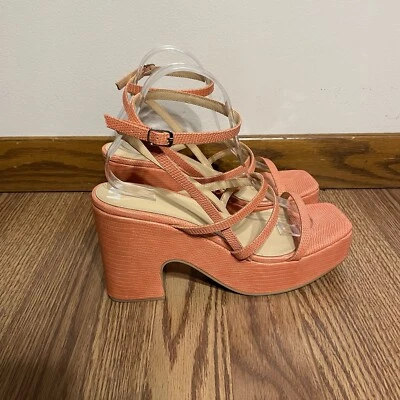 Urban Outfitters 10M Embossed Faux Leather Lenox Strappy Platform Heel Sandals - Image 1 of 4