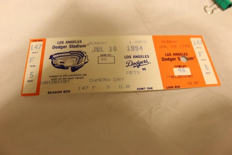 Los Angeles Dodgers 1994 Regular Season Ticket vs. NY Mets July 10 Cover