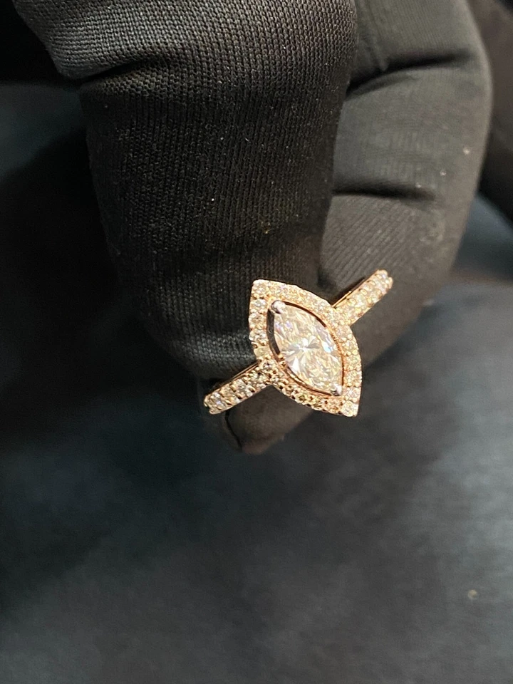 Anillo solitario pavé 0,90 quilates marquesa forma redonda diamantes naturales oro rosa 14K Foto 1 de 1