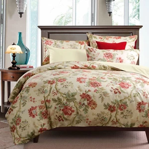 Red Floral Duvet Cover Queen Green Leaves Pattern Bedding Duvet Cover Set with Z - Picture 1 of 7