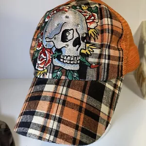 Cappello arancione a scacchi teschio e rose regolabile senza etichetta produttore - Foto 1 di 8