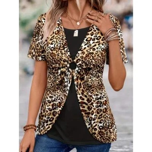 Women's Plus Size Colorblock Leopard Print Short Sleeve Round Neck T-shirt - Picture 1 of 5