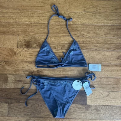 NWT Tularosa Gray Laced Lovely Beach Swimsuit Bikini Triangle Top Bottom Set L - Image 1 of 4