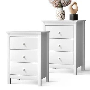 Oikiture Bedside Tables Set of 2 Nightstands Storage Cabinet 3 Drawers White - Picture 1 of 10