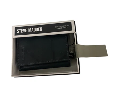 Steve Madden Trifold Wallet Mens Black Genuine Leather RFID Protection NEW - Image 1 of 4