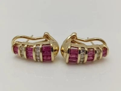 14K Yellow Gold APX 2 CTW Ruby Diamond Omega Back Earrings (ML1074522) - Image 1 of 4