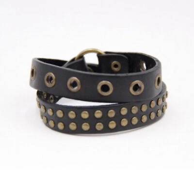 BRACCIALE UOMO PELLE/CUOIO 2 GIRI POLSINO NERO/MARRONE AUTOMATICI PUNK ROCK DARK
