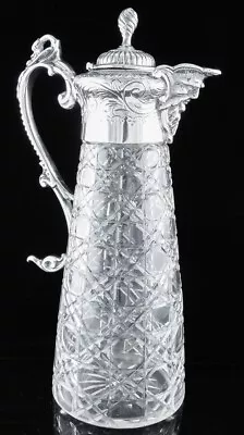 V.FINE C1880 VICTORIAN MASK FIGURAL SILVER PLATE CUT GLASS WINE EWER CLARET JUG • 74.20$
