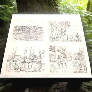 Lot Of 4 Vintsge 70's Fielding Babb Drawings The Village of Barbados Signed - Picture 1 of 13