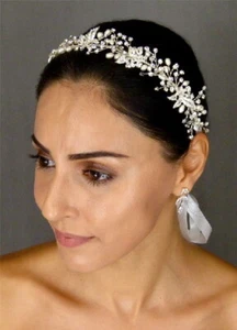 Silver or Rose Gold Rhinestone Pearl Bridal Headband Headpiece Hair Vine - Picture 1 of 3