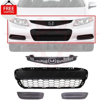 New Front Bumper Upper Lower Grille + Fog Light Cover Fits 2012-2013 Honda Civic Foto 1 de 4