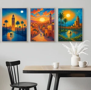 3er Set Arabisches Dorf bei Sonnenuntergang mit Palette Poster Home Pub Kunst A3 A4 A5 - Bild 1 von 2