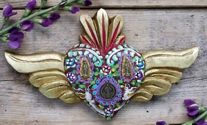 Heart Gold Wings Guadalupe Milagros Hand Painted Wood Handmade Mexico Folk Art - Picture 1 of 8
