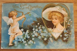 Postal vintage en relieve de San Valentín 1907 con amor y devoción - Imagen 1 de 1