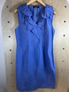 Abito donna Elie Tahari blu senza maniche colletto volant misto lino con tasche 10 - Foto 1 di 21