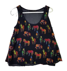 Zara Trafaluc Rainbow Zebra Top Womens L Black Sleeveless Layered Button Tank - Foto 1 di 7