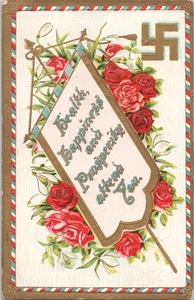 AK - 1909 GESUNDHEIT, GLÜCK UND WOHLSTAND BEGLEITEN SIE / ROTE ROSEN / GEPRÄGT - Bild 1 von 2