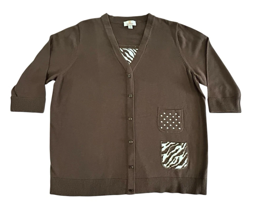 Cárdigan con botones 100 % algodón manga 3/4 Quacker Factory para mujer talla 1X marrón Foto 1 de 4