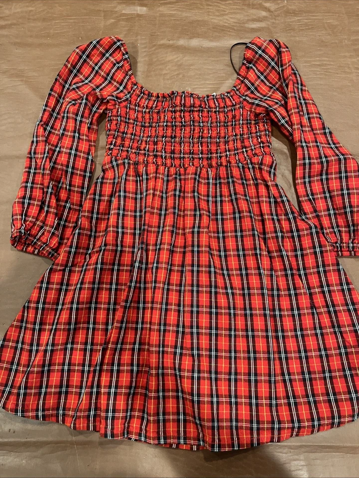 Vestido antiguo azul marino a cuadros rojo talla 6-7 para niña Foto 1 de 4