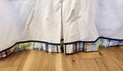 Pottery Barn Baby Crib Toddler Bed Skirt Madras Plaid  Navy Blue Trim - Image 1 of 4