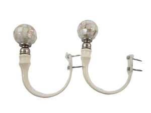 2 Metal Drapery Hold Backs Round White Pearlized Mosaic Glass Finials - Picture 1 of 8