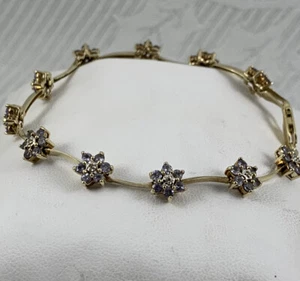 Bracelet 10k Yellow Gold 7 Inch Lobster Claw Catch Tanzanite Flowers - Picture 1 of 19