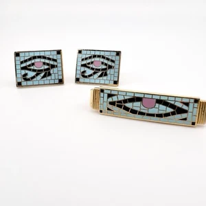 Juego de gemelos clip barra de corbata vintage Eye of Horus ANSON turquesa mosaico egipcio - Imagen 1 de 11