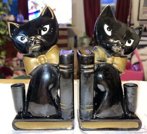 Black Cats  MCM Bookends Pen Holders Gold Bow 6"  made In Japan