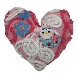 NEW Handmade Chenille Heart Pillow Vintage Chenille Bird Blue Flower Valentine - Picture 1 of 9