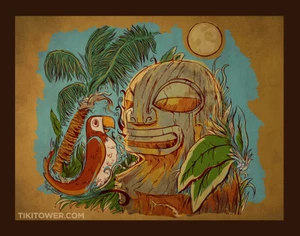Bird Tiki Bar Art Lowbrow Pop Polynesian Tiki Room Parrot Beach Man Cave Print - Picture 1 of 1