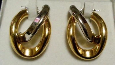 UNOAERRE 9ct Sólido Oro Amarillo y Blanco Cadena Lazo 32mm Tubo Aro Criollo PENDIENTES Foto 1 de 4