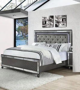 Luxury 1Pc King Size Panel Upholstery Bed Gray Finish Wooden Bedroom Furniture - Picture 1 of 6
