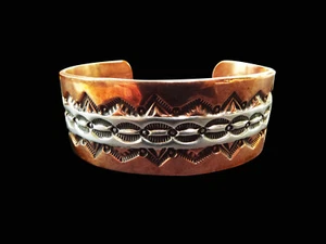 Wide Sterling Silver & Copper Stampwork Bracelet - Navajo Handmade - Picture 1 of 5