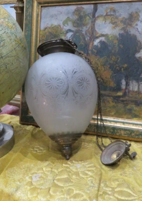 ancienne belle grande lanterne avec globe en verre gravé & laiton epoque 1900 - Photo 1/4