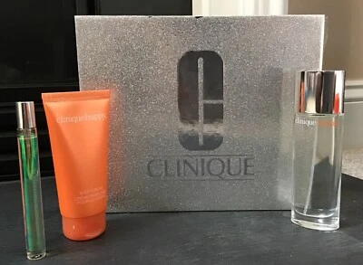 Juego de 3 piezas Clinique HAPPY 50 ml Perfume Spray, 75 ml Crema Corporal y 10 ml Rollerball. Foto 1 de 4